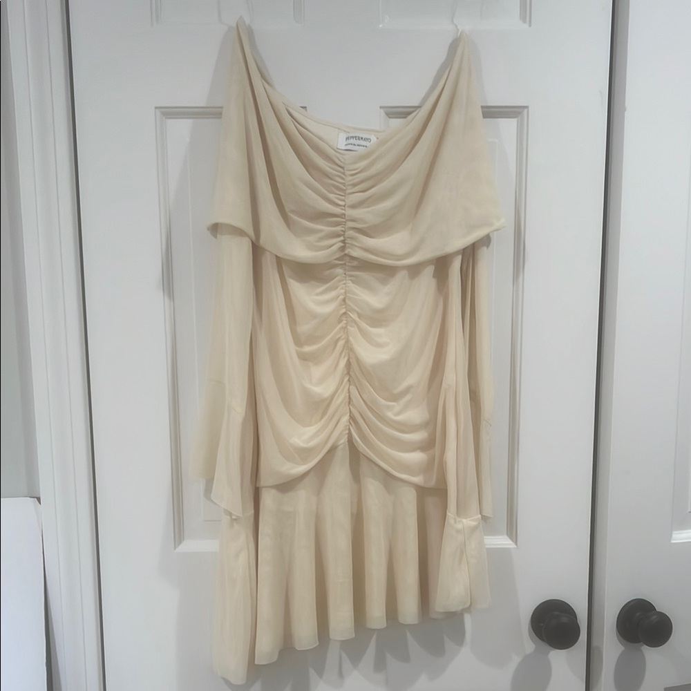 Peppermayo Cream Ruched Off-Shoulder Babydoll Dress